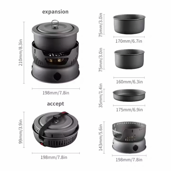 Aluminum Camping Equipment Cooking Pots Pans and Stove Mess Kit Portable Outdoor Cookware Set with Alcohol - Image 2