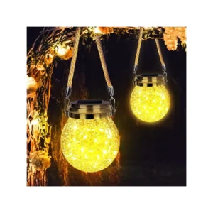Solar Garden Lamp Crack Ball Glass Jar Portable Hanging Lantern Light With Hemp Rope Solar Mason Jar