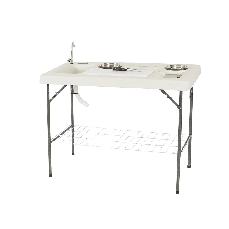 Outdoor Camping Plastic Folding Fishing Table with Two Sinks and Sprayer - Image 4