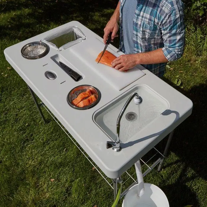 Outdoor Camping Plastic Folding Fishing Table with Two Sinks and Sprayer