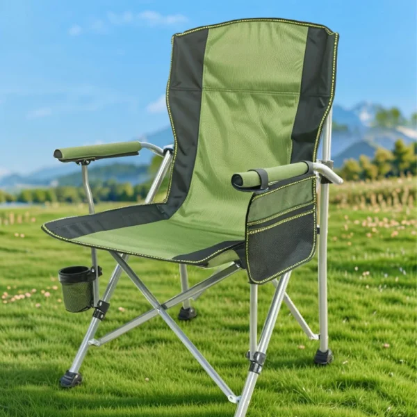 Heavy Duty Lumbar High Back Portable Camping Chair Padded Hard Arm Foldable Camping Chair With Cup Holder