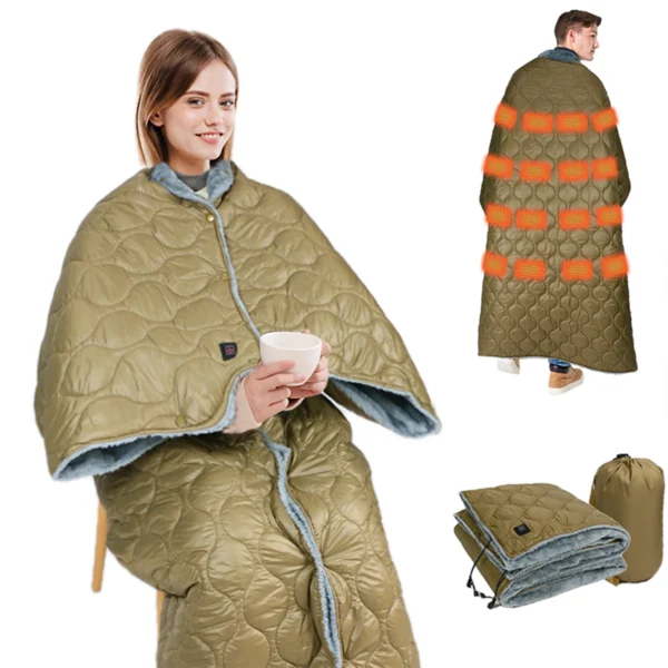 Portable Cordless Electric Blanket Wearable Outdoor 3 Heat Settings 10h Auto Shut-Off 5 Volt USB Over-Heat Protection Stocked